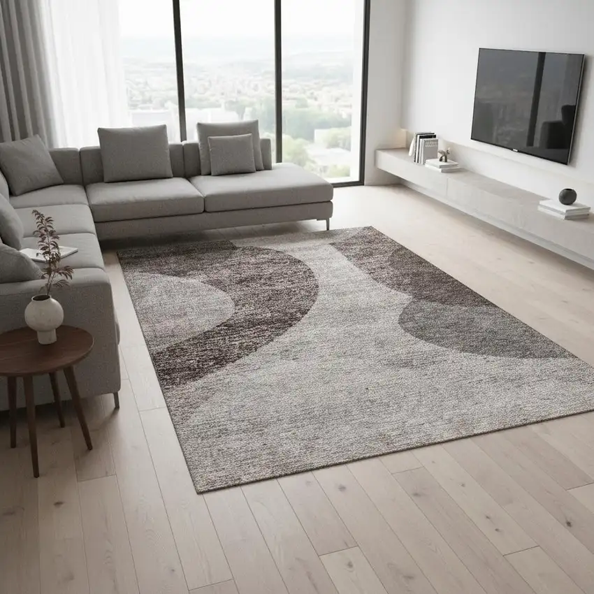 Coffee And Taupe Geometric Washable Area Rug With UV Protection Photo 1