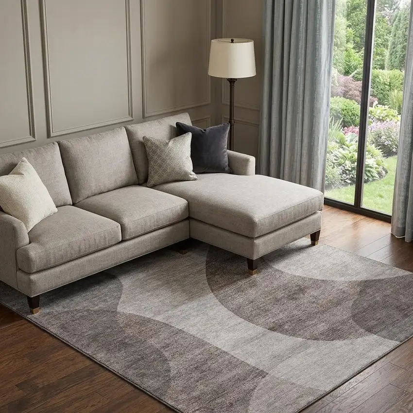 Coffee And Taupe Geometric Washable Area Rug With UV Protection Photo 1