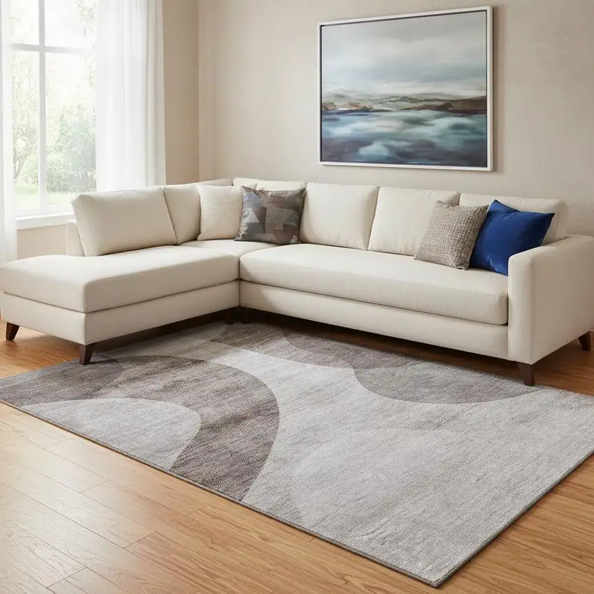 Coffee And Taupe Geometric Washable Area Rug With UV Protection Photo 1