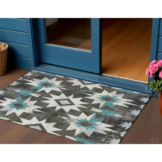Coffee And Teal Blue Aztec Washable Indoor Outdoor Area Rug Photo 2
