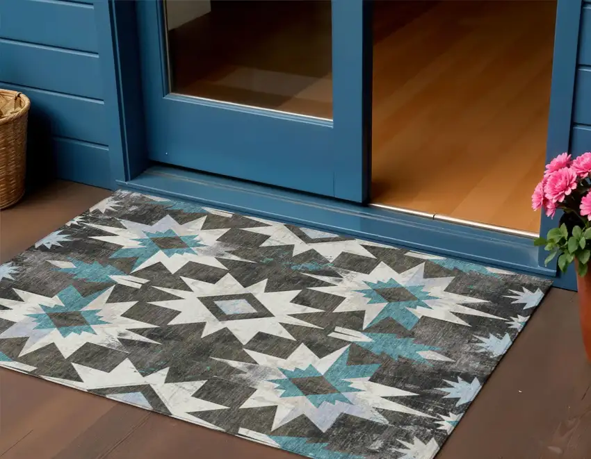 Coffee And Teal Blue Aztec Washable Indoor Outdoor Area Rug Photo 2