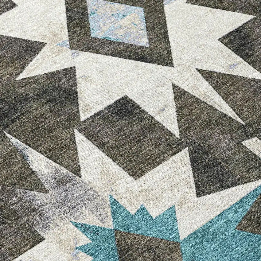Coffee And Teal Blue Aztec Washable Indoor Outdoor Area Rug Photo 9
