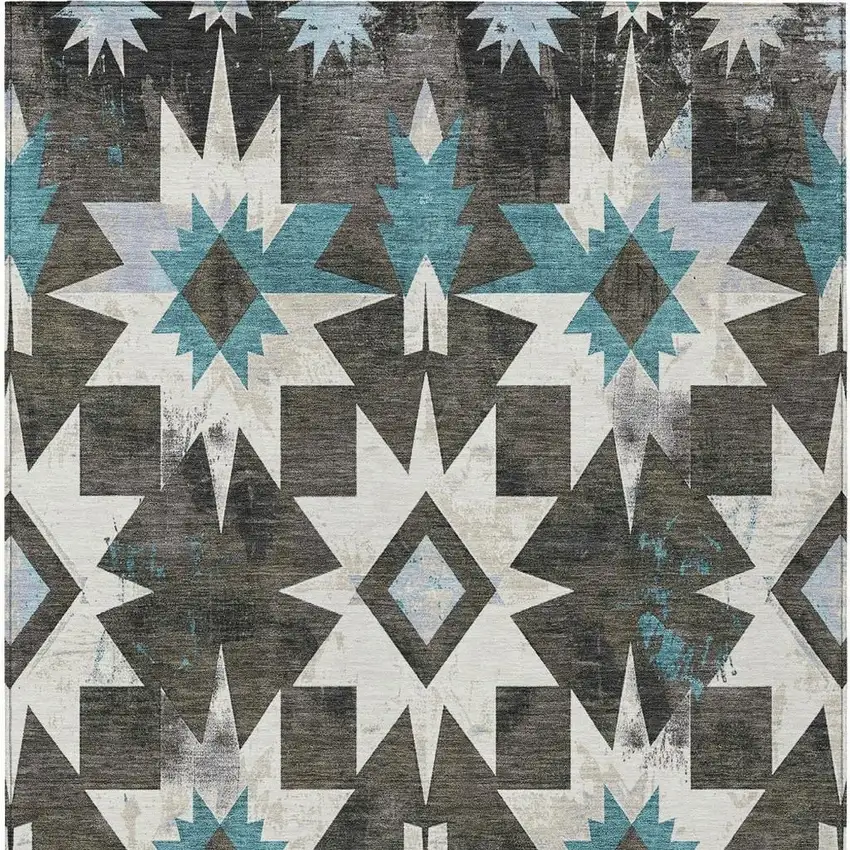 Coffee And Teal Blue Aztec Washable Indoor Outdoor Area Rug Photo 4