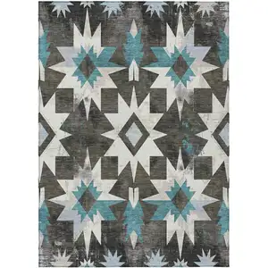 Photo of Coffee And Teal Blue Aztec Washable Indoor Outdoor Area Rug