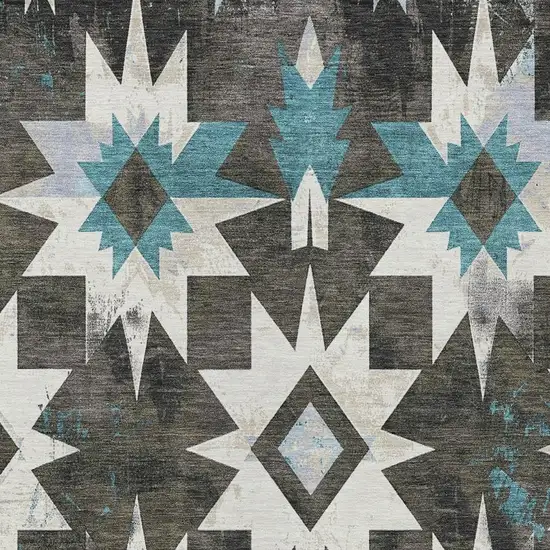 Coffee And Teal Blue Aztec Washable Indoor Outdoor Area Rug Photo 3