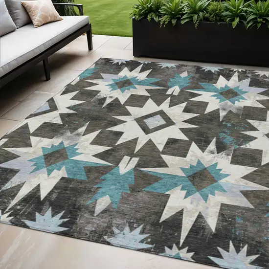 Coffee And Teal Blue Aztec Washable Indoor Outdoor Area Rug Photo 2