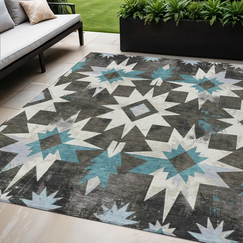 Coffee And Teal Blue Aztec Washable Indoor Outdoor Area Rug Photo 2