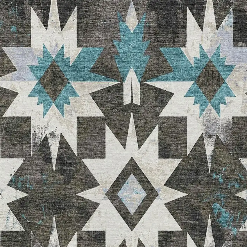 Coffee And Teal Blue Aztec Washable Indoor Outdoor Area Rug Photo 4