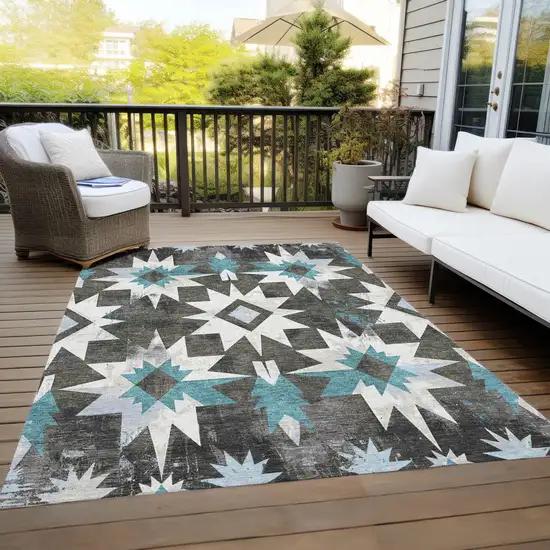 Coffee And Teal Blue Aztec Washable Indoor Outdoor Area Rug Photo 8