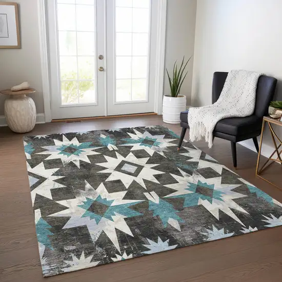Coffee And Teal Blue Aztec Washable Indoor Outdoor Area Rug Photo 6