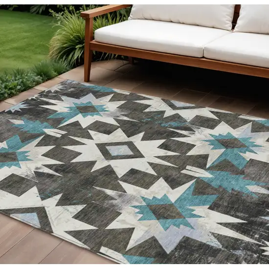 Coffee And Teal Blue Aztec Washable Indoor Outdoor Area Rug Photo 2