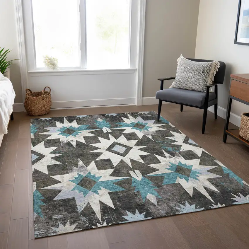 Coffee And Teal Blue Aztec Washable Indoor Outdoor Area Rug Photo 7