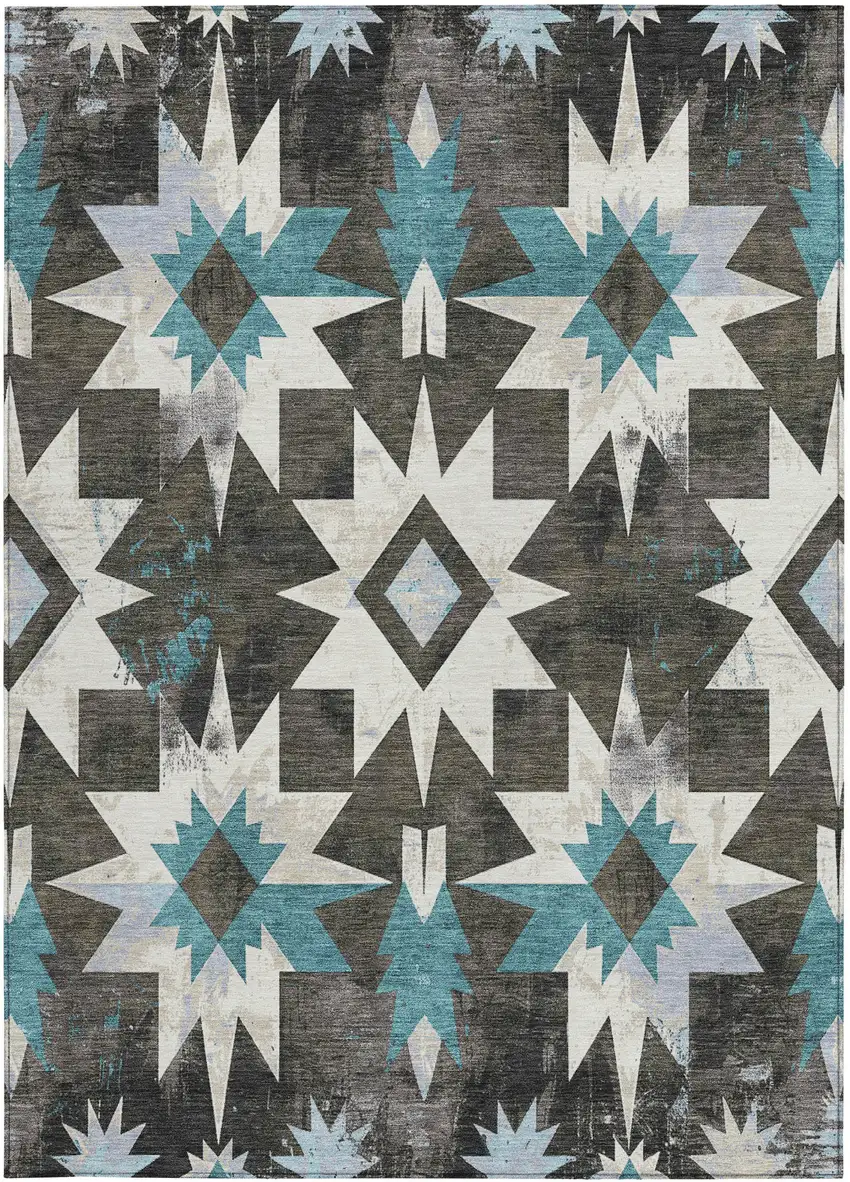 Coffee And Teal Blue Aztec Washable Indoor Outdoor Area Rug Photo 3