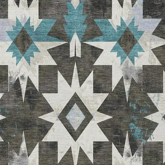 Coffee And Teal Blue Aztec Washable Indoor Outdoor Area Rug Photo 4