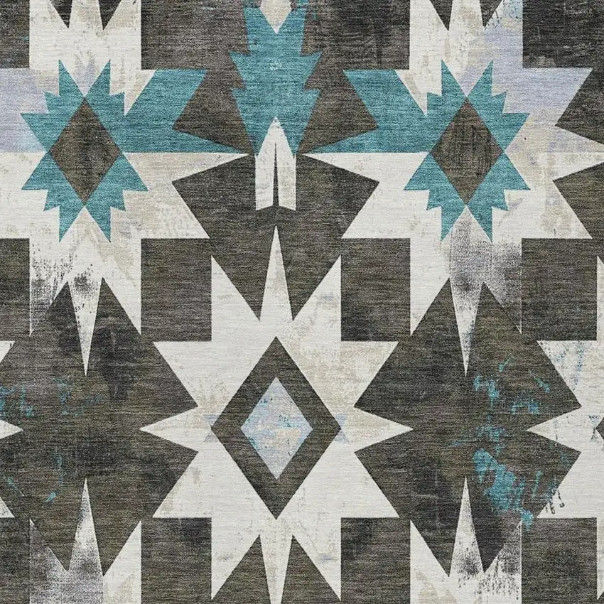 Coffee And Teal Blue Aztec Washable Indoor Outdoor Area Rug Photo 4