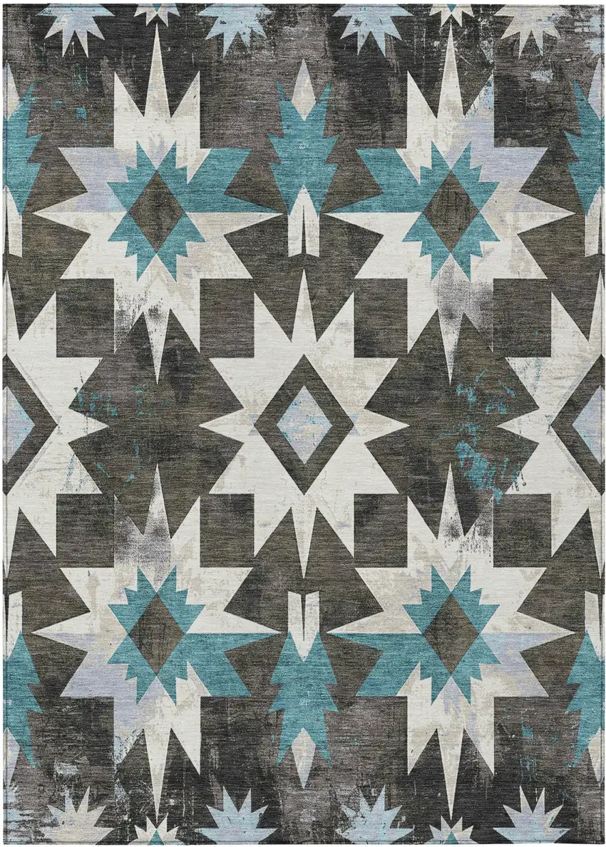Coffee And Teal Blue Aztec Washable Indoor Outdoor Area Rug Photo 1