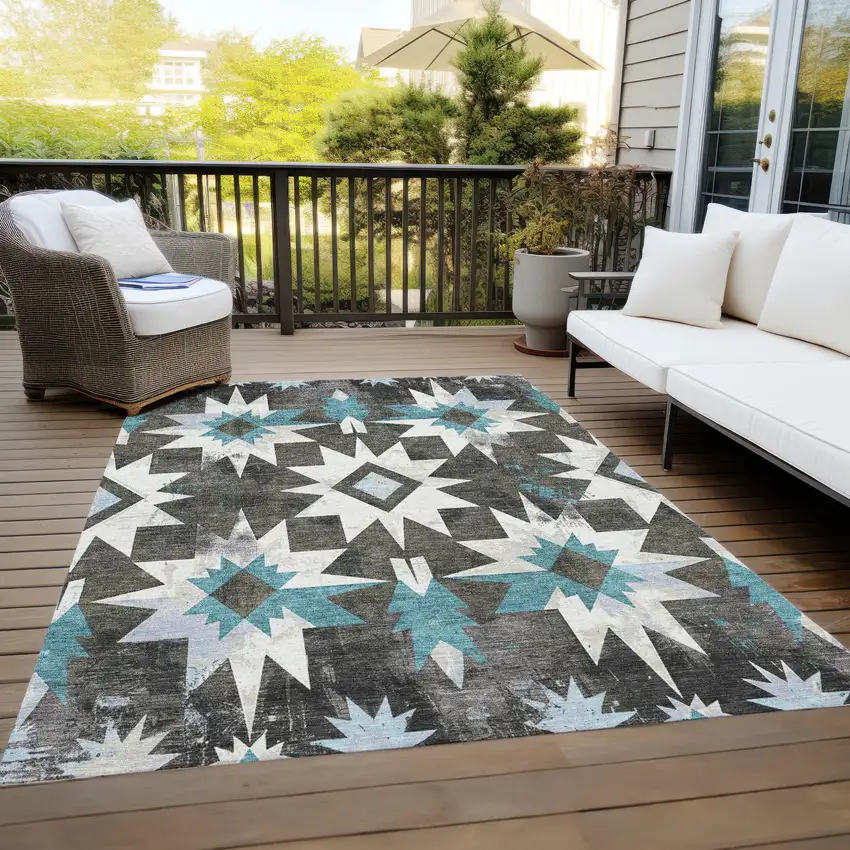 Coffee And Teal Blue Aztec Washable Indoor Outdoor Area Rug Photo 8