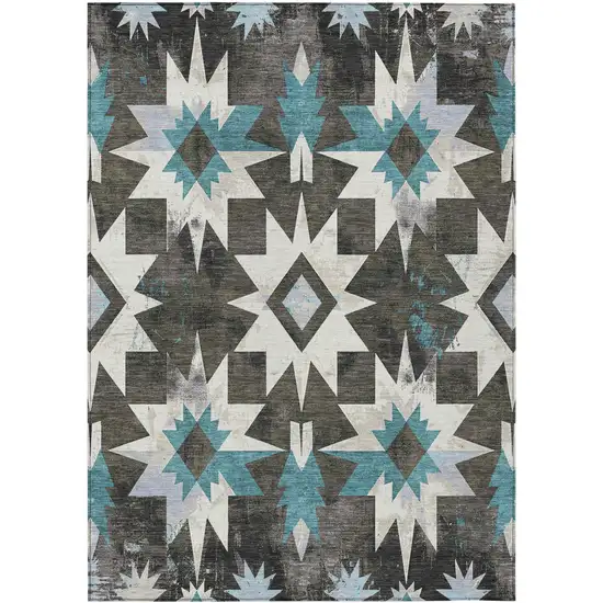Coffee And Teal Blue Aztec Washable Indoor Outdoor Area Rug Photo 1