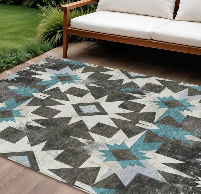 Coffee And Teal Blue Aztec Washable Indoor Outdoor Area Rug Photo 2