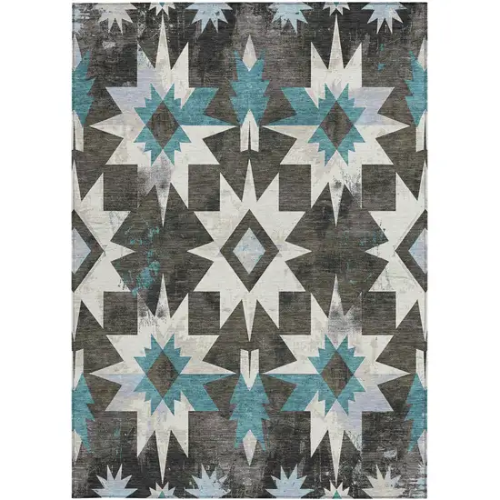 Coffee And Teal Blue Aztec Washable Indoor Outdoor Area Rug Photo 3