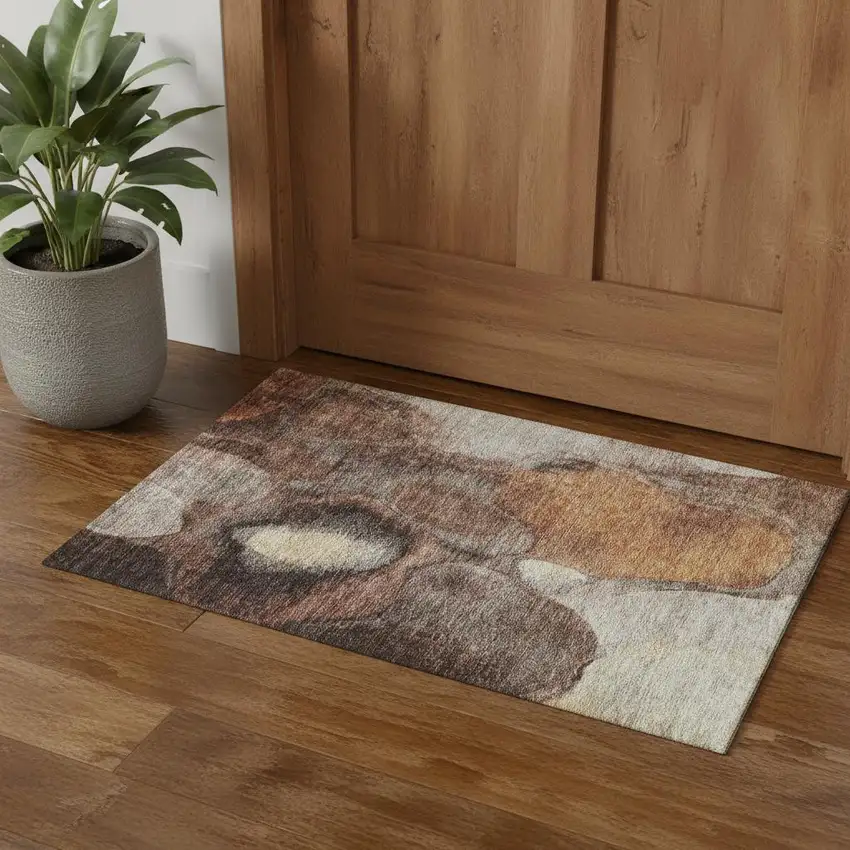 Coffee Beige And Copper Abstract Washable Area Rug With UV Protection Photo 1