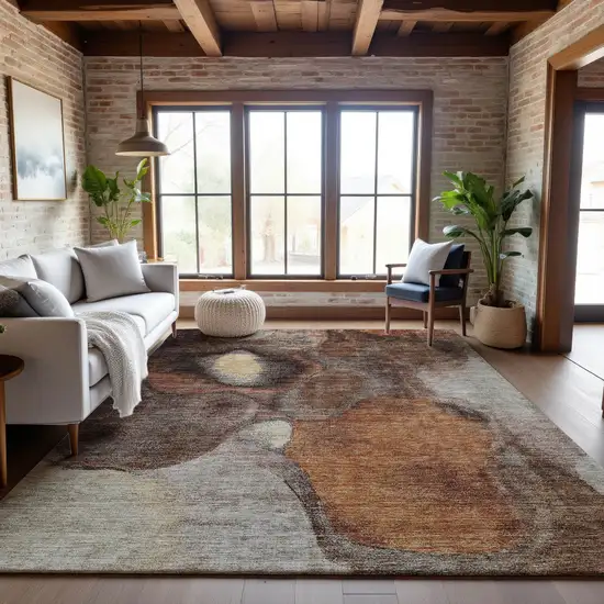 Coffee Beige And Copper Abstract Washable Area Rug With UV Protection Photo 2