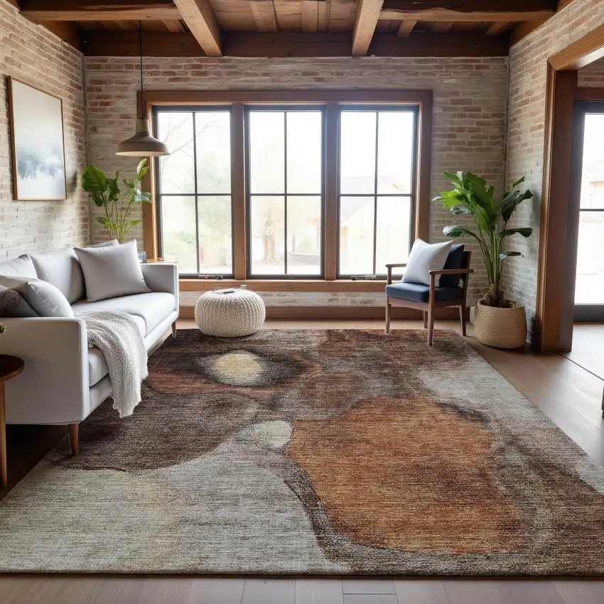 Coffee Beige And Copper Abstract Washable Area Rug With UV Protection Photo 2