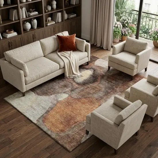 Coffee Beige And Copper Abstract Washable Area Rug With UV Protection Photo 1