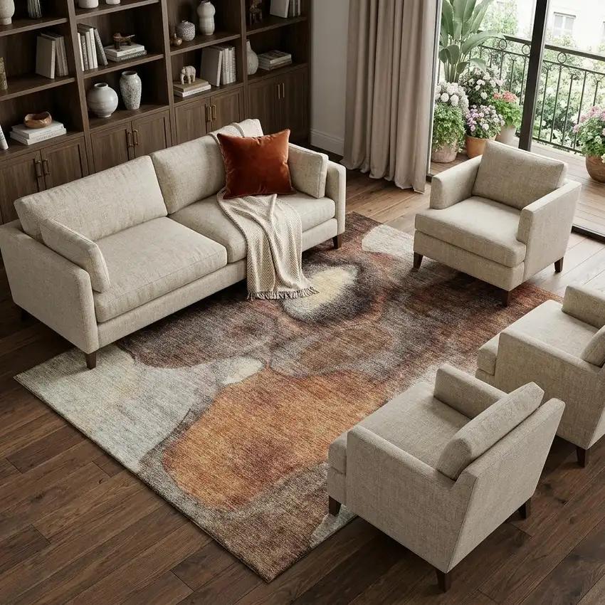 Coffee Beige And Copper Abstract Washable Area Rug With UV Protection Photo 1