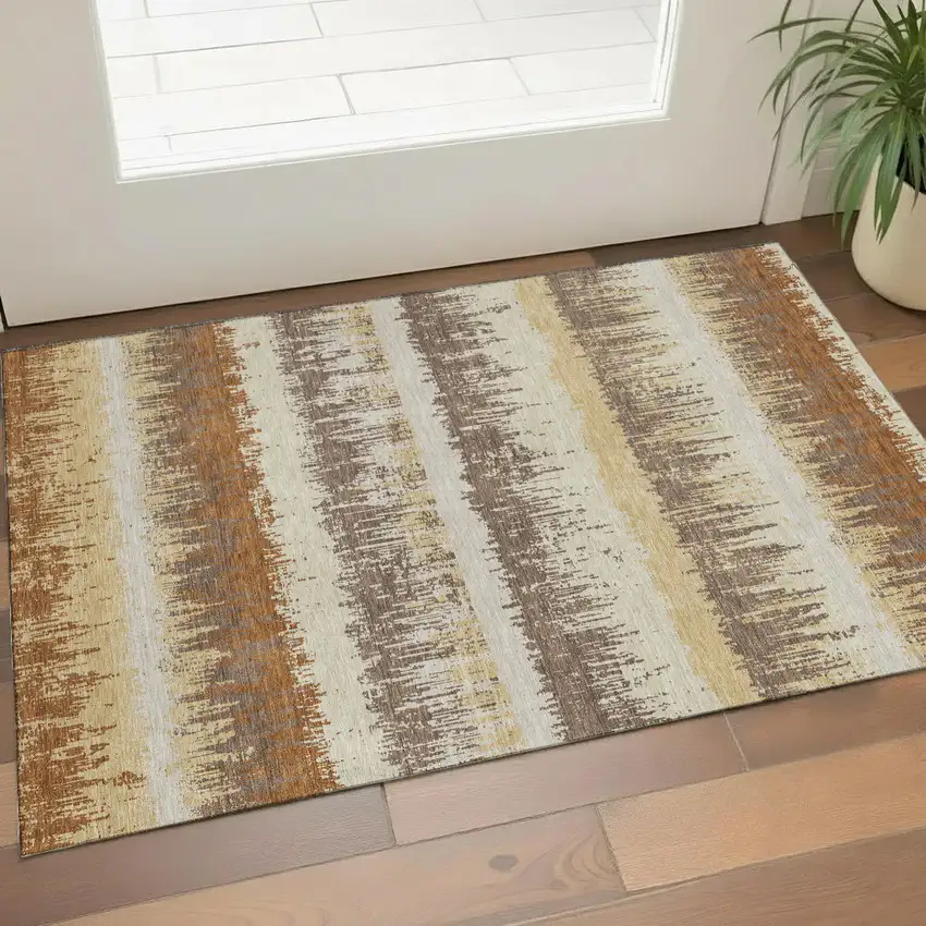 Coffee Beige And Copper Striped Washable Area Rug With UV Protection Photo 1