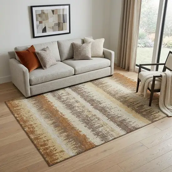 Coffee Beige And Copper Striped Washable Area Rug With UV Protection Photo 1