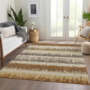 Photo of Coffee Beige And Copper Striped Washable Area Rug With UV Protection