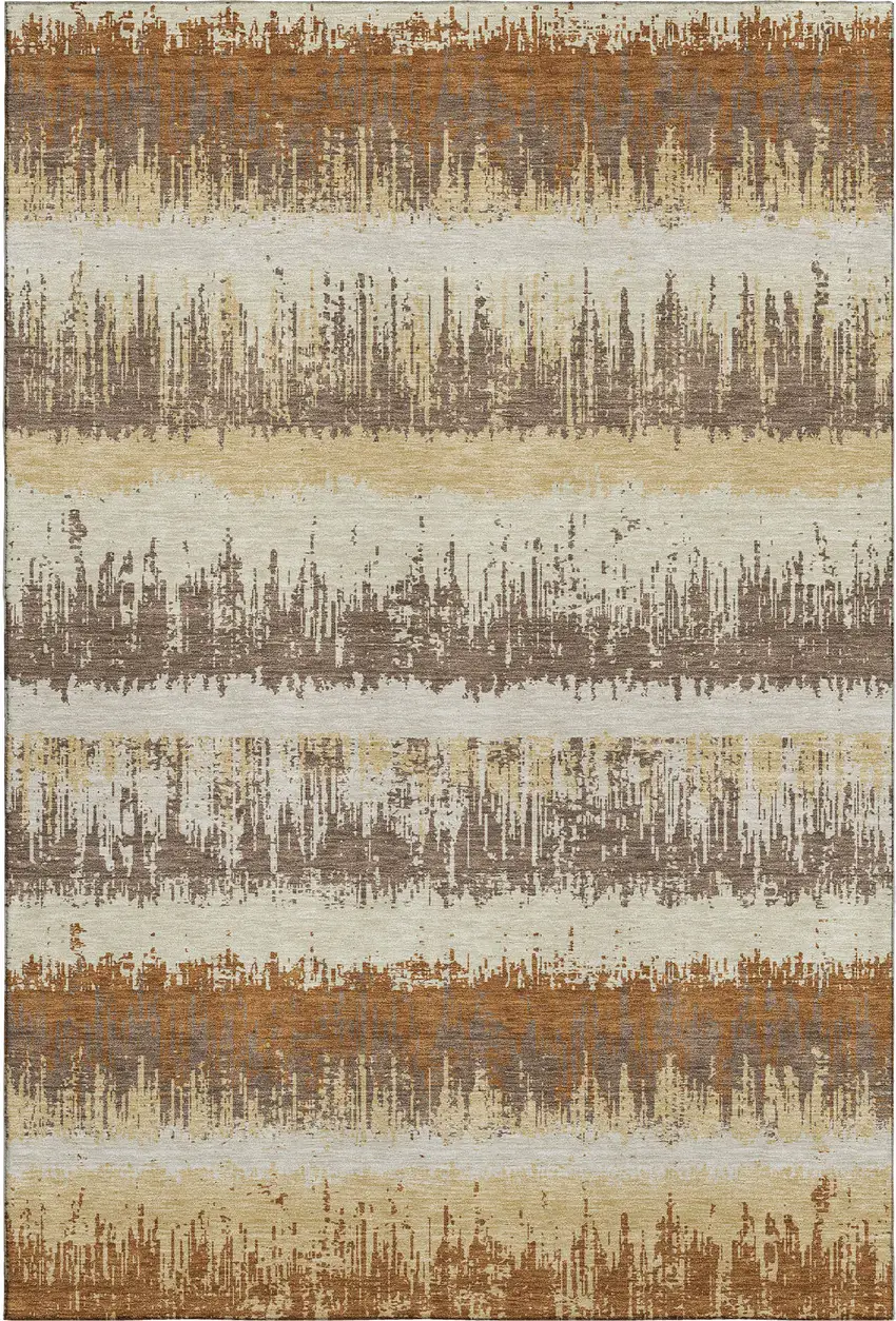 Coffee Beige And Copper Striped Washable Area Rug With UV Protection Photo 3