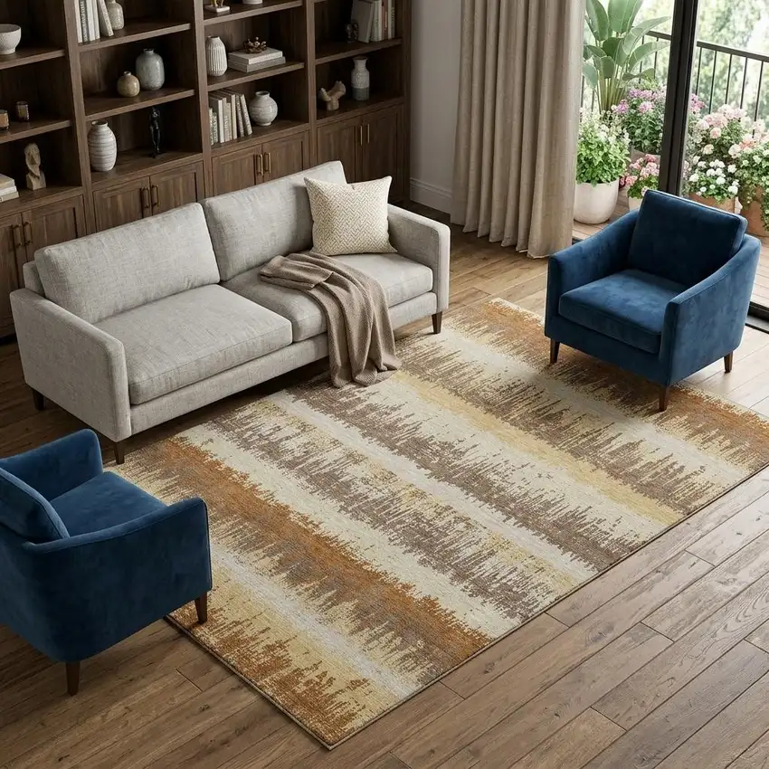 Coffee Beige And Copper Striped Washable Area Rug With UV Protection Photo 1