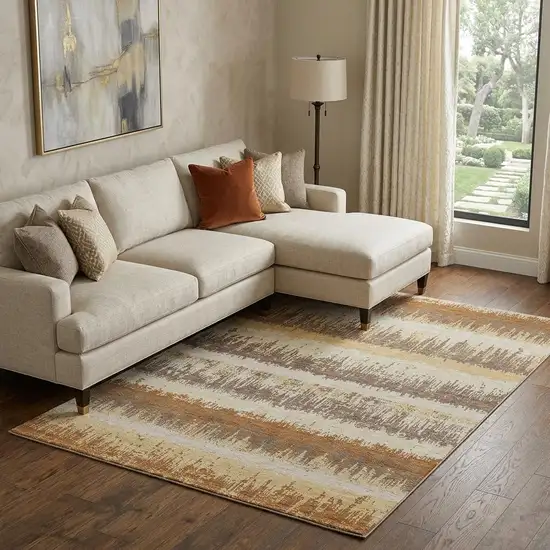 Coffee Beige And Copper Striped Washable Area Rug With UV Protection Photo 1