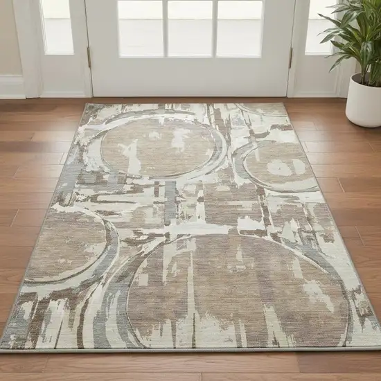 Coffee Beige And Gray Geometric Washable Area Rug With UV Protection Photo 2