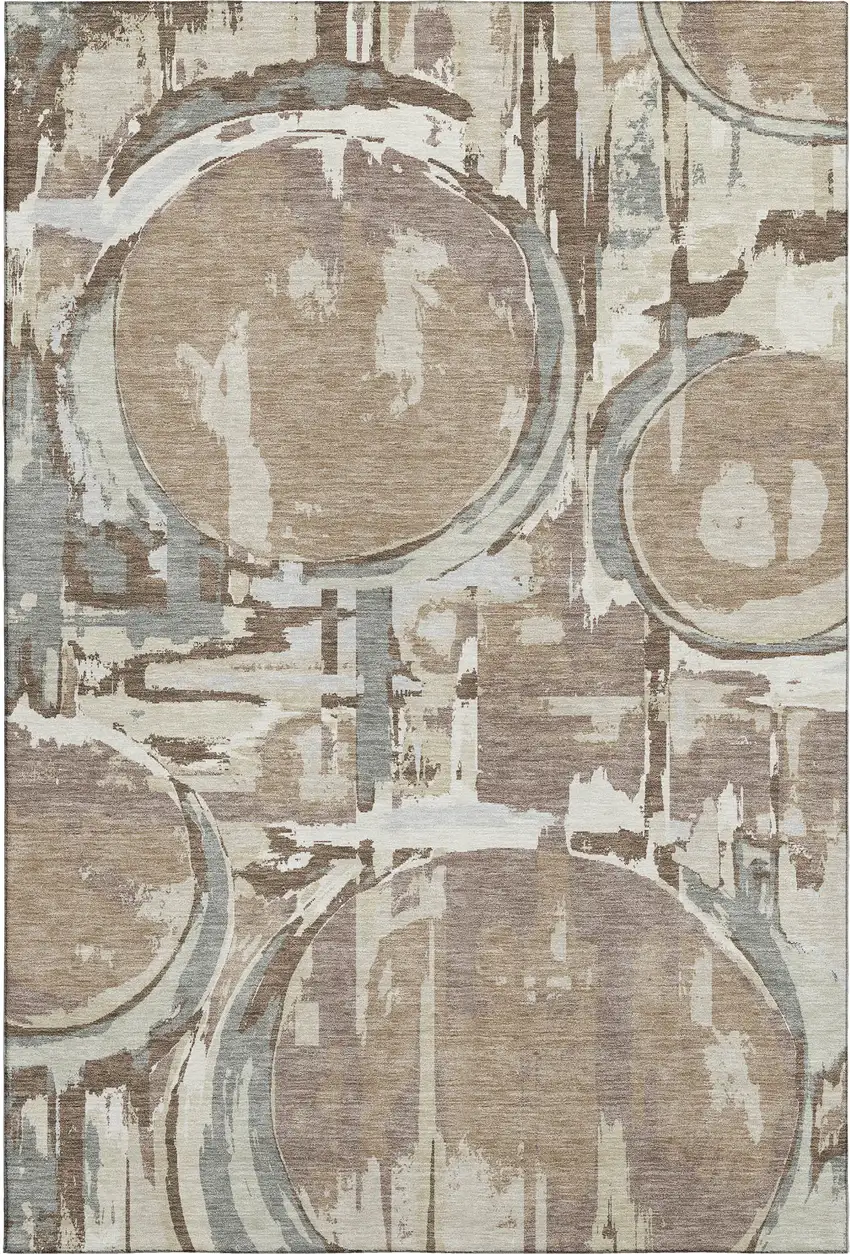 Coffee Beige And Gray Geometric Washable Area Rug With UV Protection Photo 1