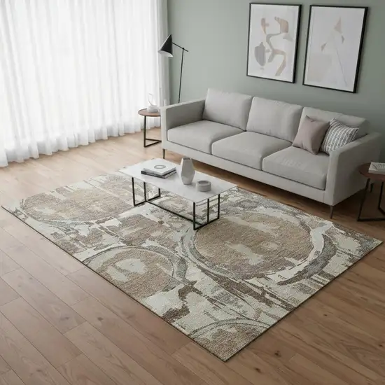 Coffee Beige And Gray Geometric Washable Area Rug With UV Protection Photo 2