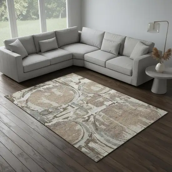 Coffee Beige And Gray Geometric Washable Area Rug With UV Protection Photo 2