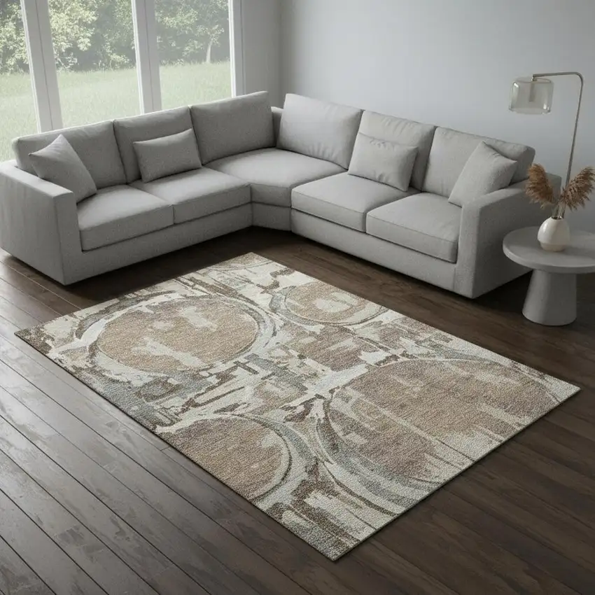 Coffee Beige And Gray Geometric Washable Area Rug With UV Protection Photo 2