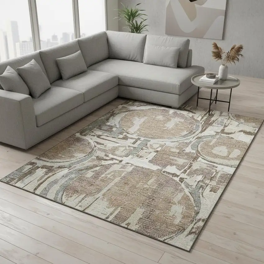 Coffee Beige And Gray Geometric Washable Area Rug With UV Protection Photo 2