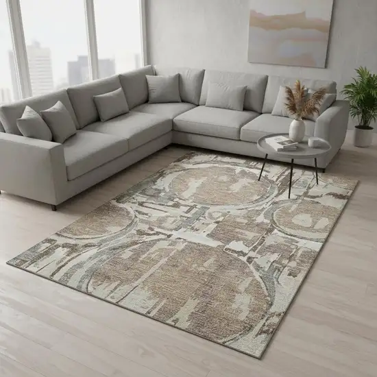 Coffee Beige And Gray Geometric Washable Area Rug With UV Protection Photo 2