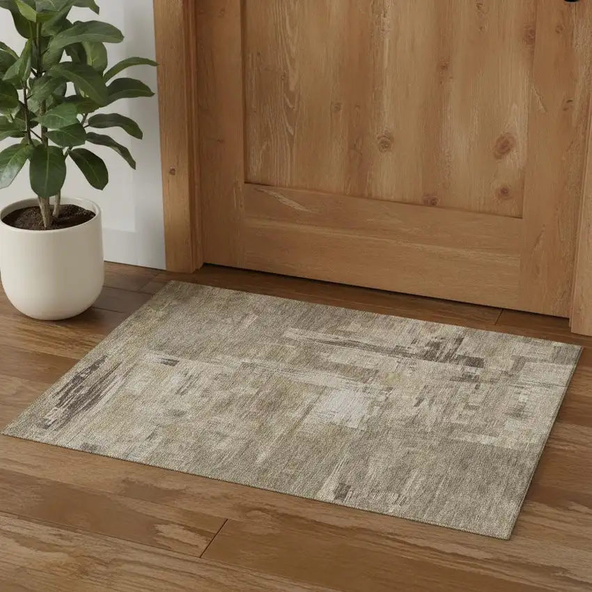 Coffee Beige And Ivory Abstract Washable Area Rug With UV Protection Photo 1