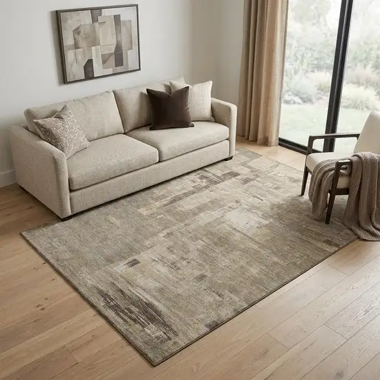 Coffee Beige And Ivory Abstract Washable Area Rug With UV Protection Photo 1