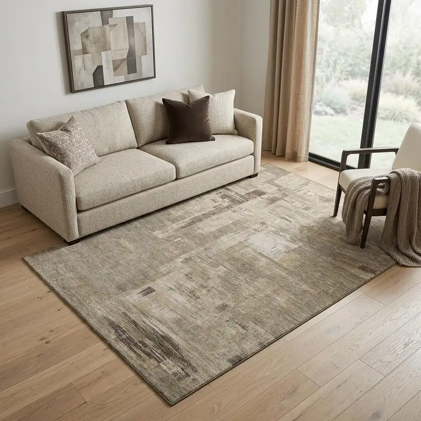 Coffee Beige And Ivory Abstract Washable Area Rug With UV Protection Photo 1