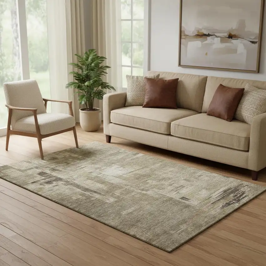 Coffee Beige And Ivory Abstract Washable Area Rug With UV Protection Photo 2