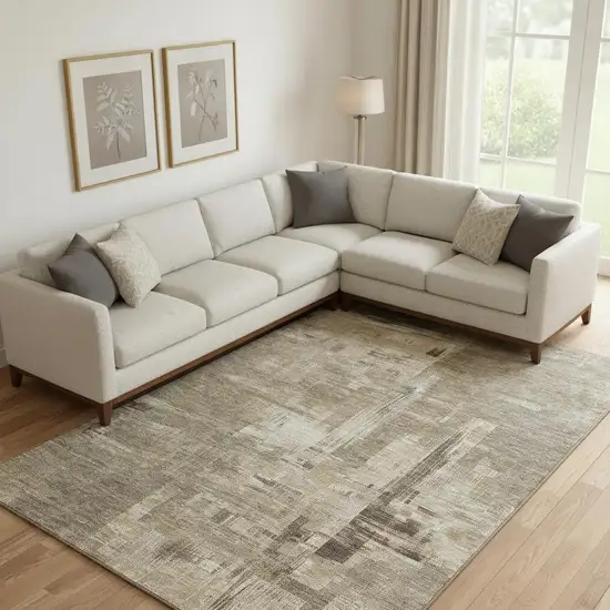 Coffee Beige And Ivory Abstract Washable Area Rug With UV Protection Photo 2