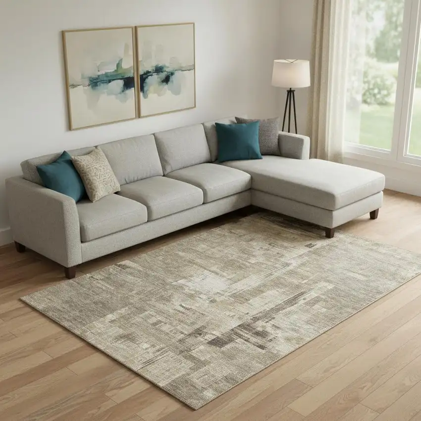 Coffee Beige And Ivory Abstract Washable Area Rug With UV Protection Photo 2