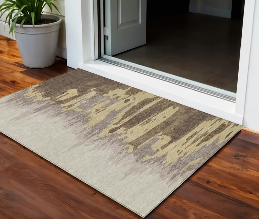 Coffee Beige And Tan Abstract Washable Indoor Outdoor Area Rug Photo 1