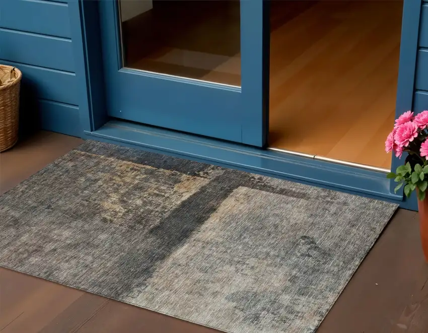 Coffee Black And Beige Abstract Washable Indoor Outdoor Area Rug Photo 1